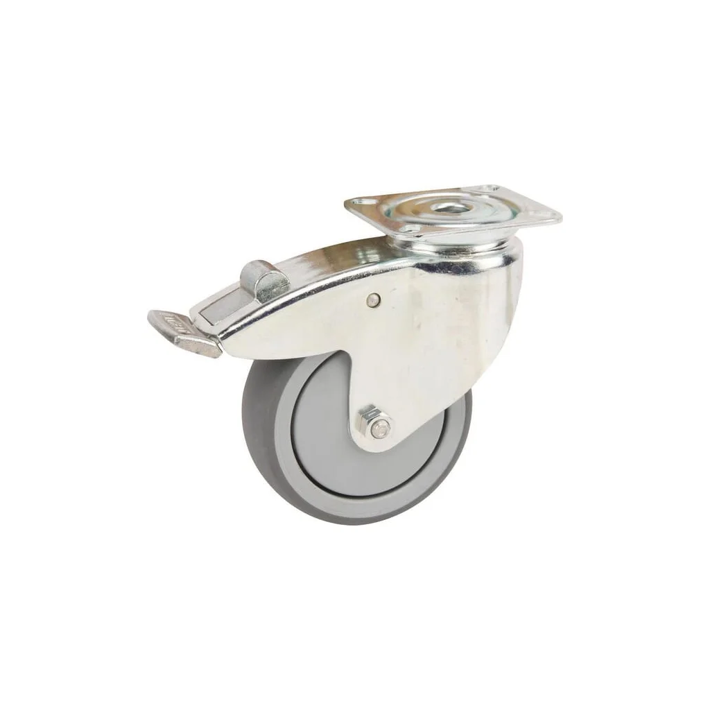Roată pivotantă cu rolă cauciuc diametru 100x32mm cu frână fiting 77x67mm sarcină 100kg Tente 2477PJP100P50