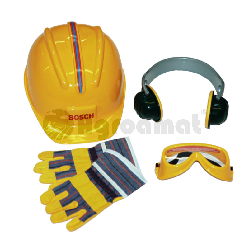 Set accesorii, 4 piese cu casca, manusi, ochelari de protectie si protectie auz
