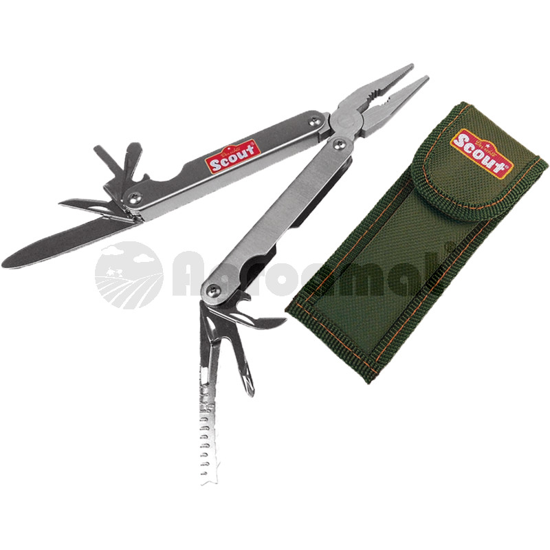 Scula multifunctionala din otel inoxidabil cu 9 functii, precum surubelnita, deschizator doze, cutit, cleste combi, incl. etui din nylon