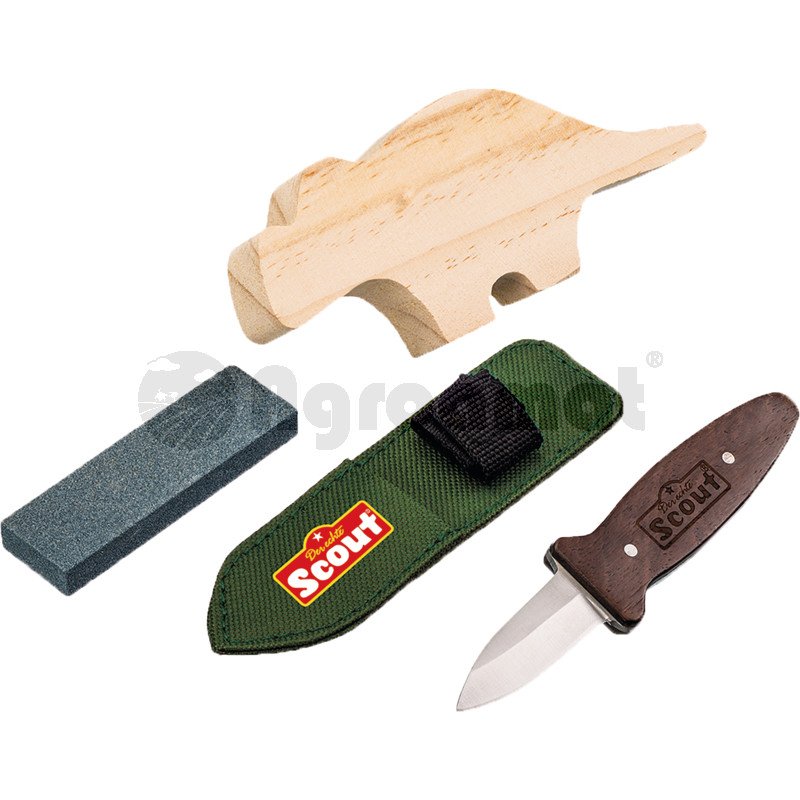 Set taieri, incl. Cutit din otel inoxidabil cu maner din lemn, lemn brut, piatra abraziva si etui din nylon, neomologat EN71