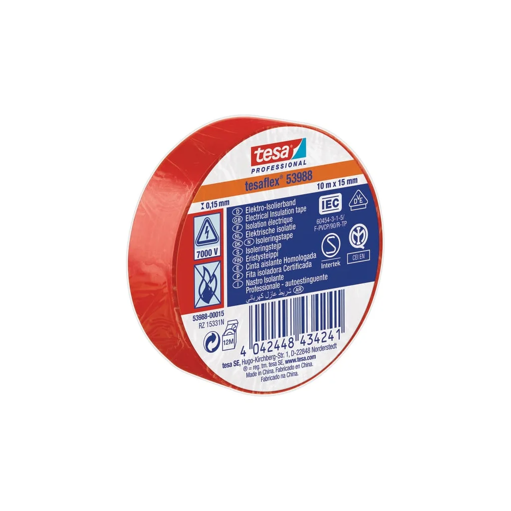 Bandă izolatoare, roșie, 10m x 15mm TesaFLEX® T539880001500
