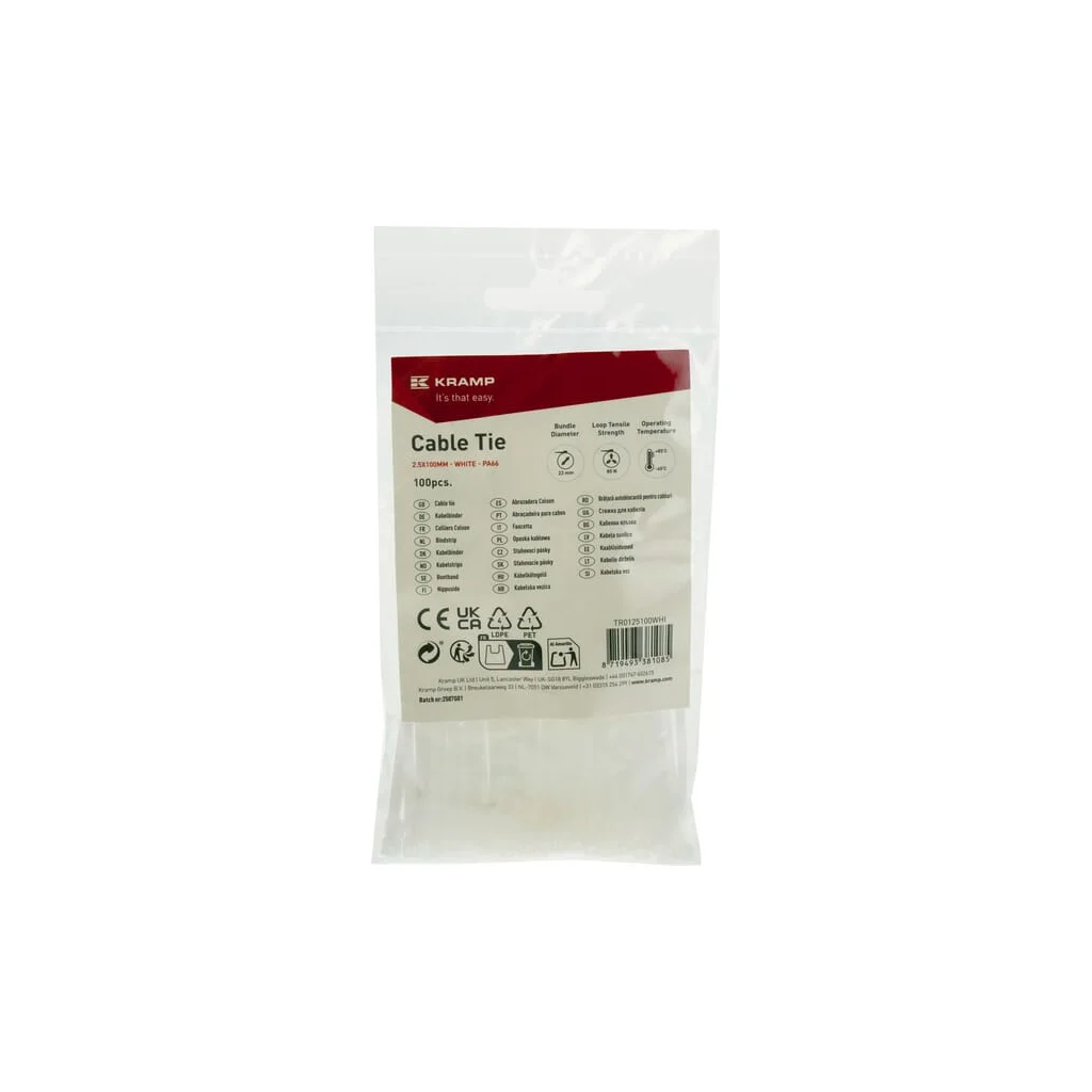 Colier pentru cablu 2.5x100mm, alb, 100buc TR0125100WHI