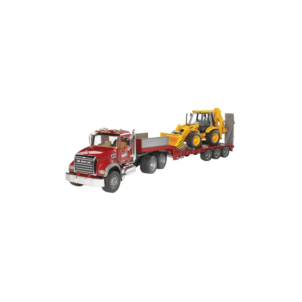 Camion Mack Granite cu remorcă platformă joasă și buldoexcavator cu roți JCB U02813