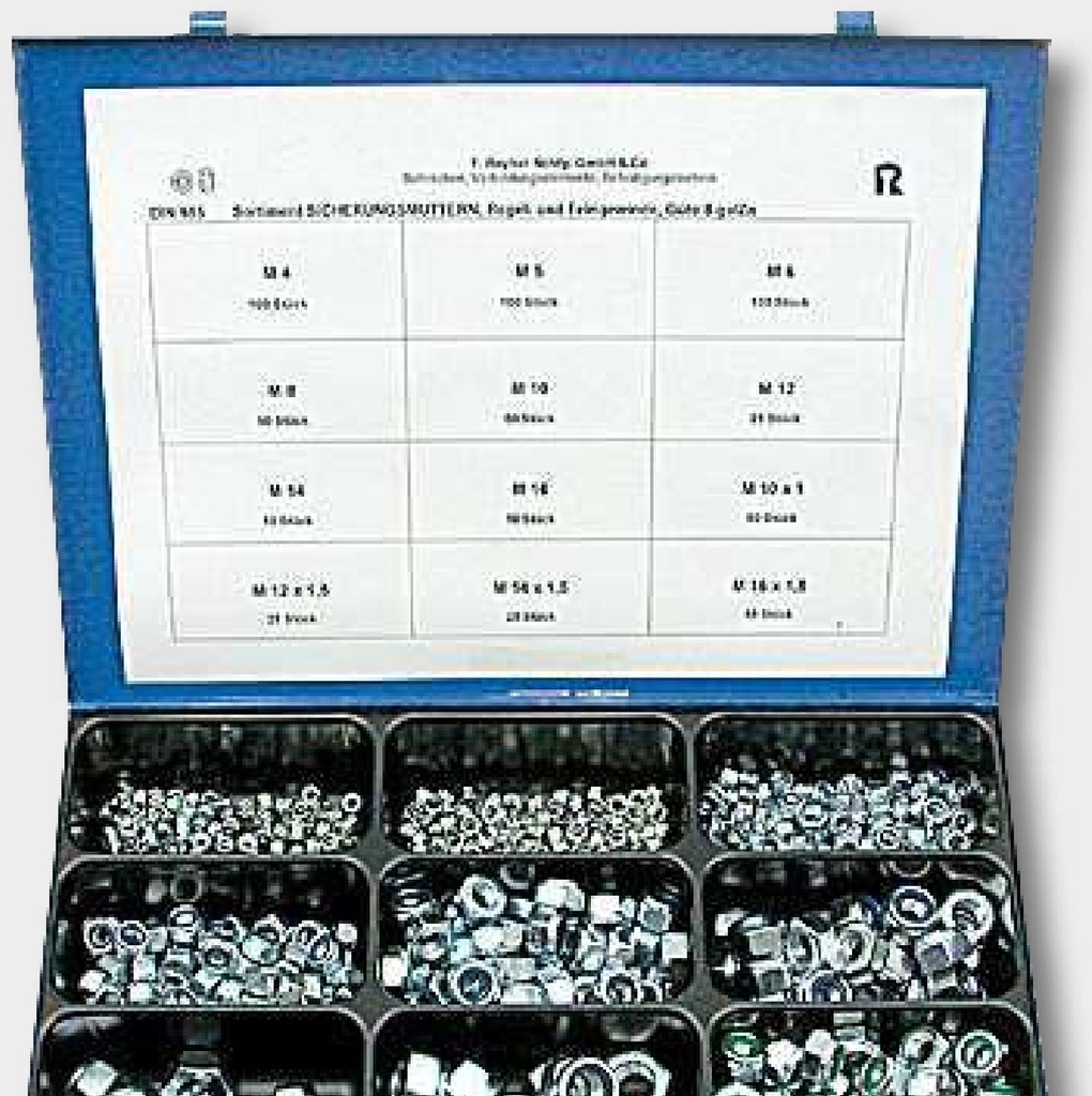 Sortiment piulite de blocare - Continut: 12 dimensiuni M 4; M 5; M 6; M 8; M 10; M 12; M 14; M 16M 10 x 1; M 12 x 1,5; M