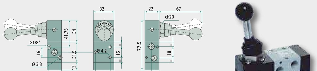 Supapa cu deservire manuala 3/2 -R-NC/NO- G1/8 G1 / 8 (2x)