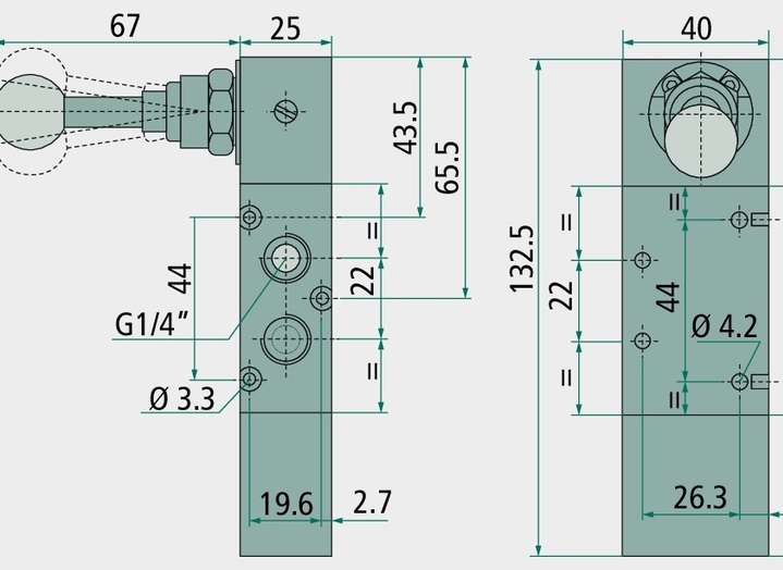 Supapa cu deservire manuala VAZ-HHH530-E-1/4 5/3, functie blocare G1 / 4 (2x)