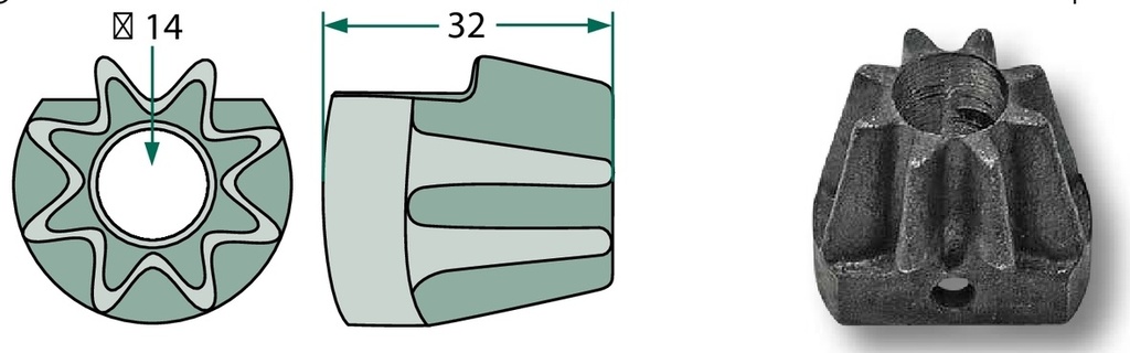 Pinion conic - 8 dinti, pentru roata dintata conica
