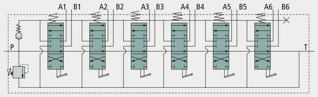 Supapa Z50 5x DE 4/3 căi, 5 x cu dubla actiune, sectiunile 1+2 si 4+5 cu levier in cruce incorporat