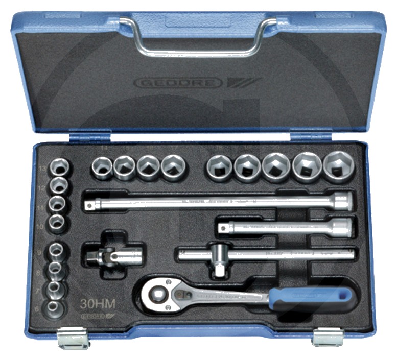 GEDORE Set chei tubulare 3/8" - 22-piese, cu hexagonal profil DU, in cutie albastra din tabla