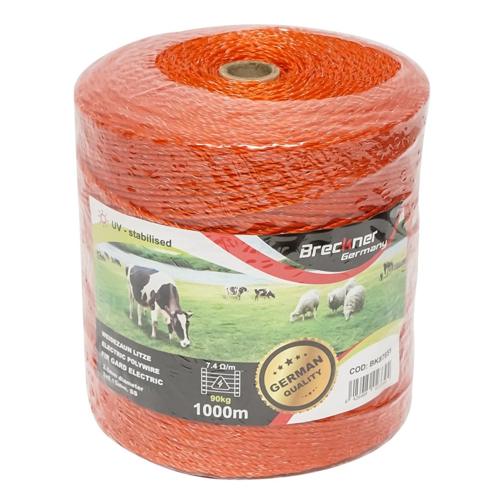 Rola fir portocaliu fi 2,5mm. 3x0.15mm. SS, rezistenta 7.4 Ohm/m, 1000m gard electric