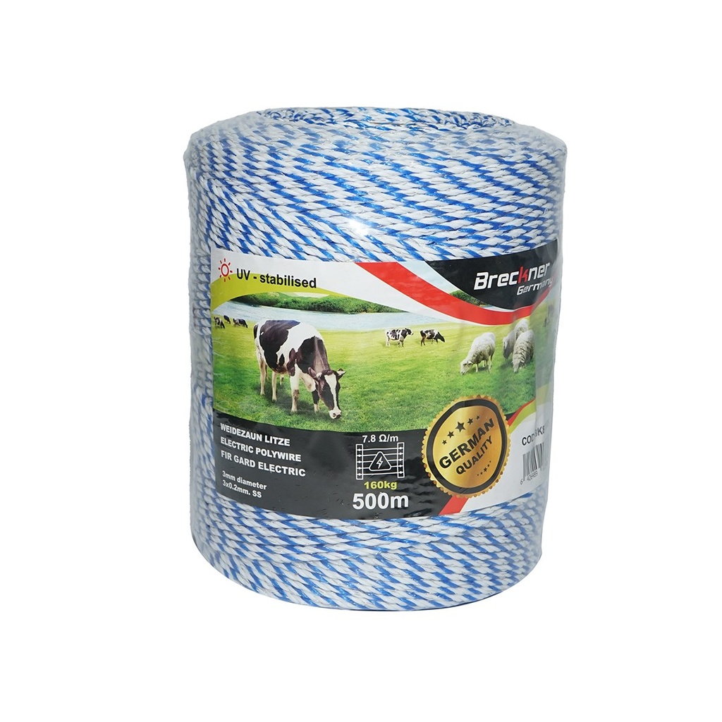 Rola fir alb-albastru fi 3mm 3x0.2mm SS, 7,8 Ohm/m, 500m gard electric