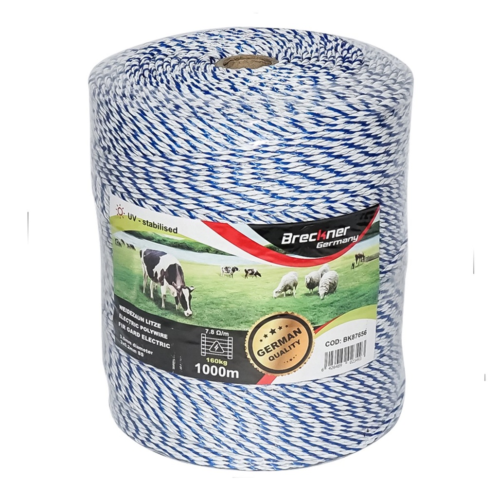 Rola fir alb-albastru fi 3mm. 3x0.2mm. SS, 7,8 Ohm/m, 1000m gard electric