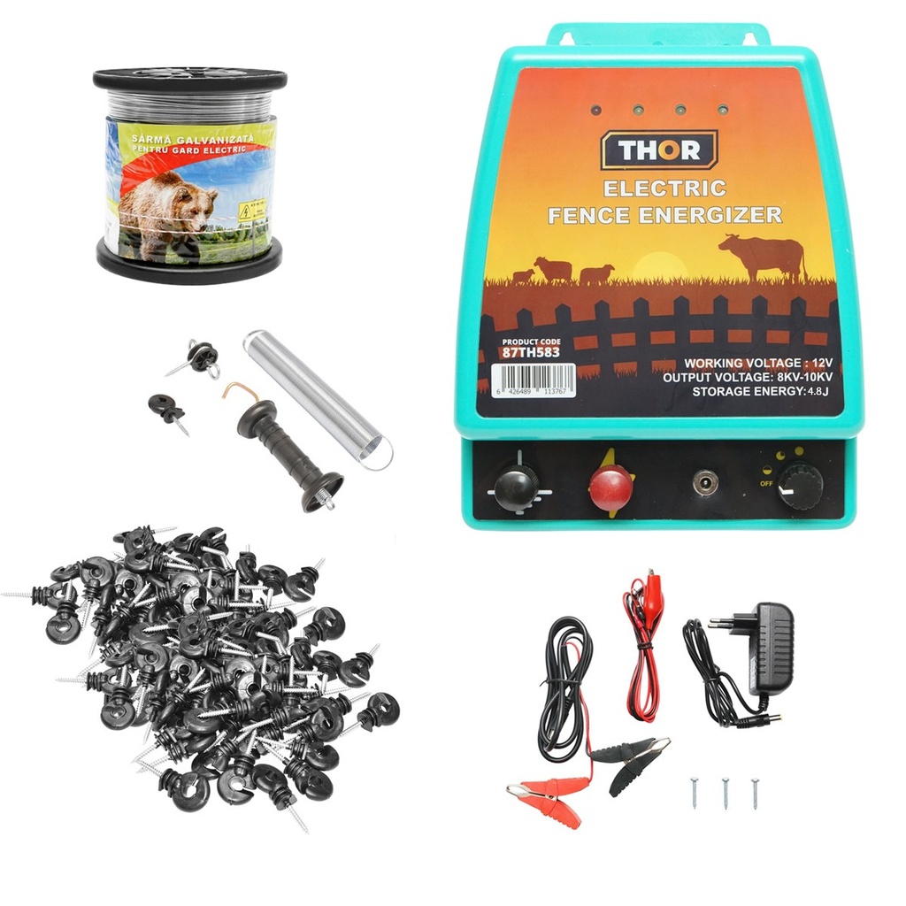 Kit complet gard electric pentru ursi si mistreti 4.8 Joule, 12/220V, lungime sarma 1000m