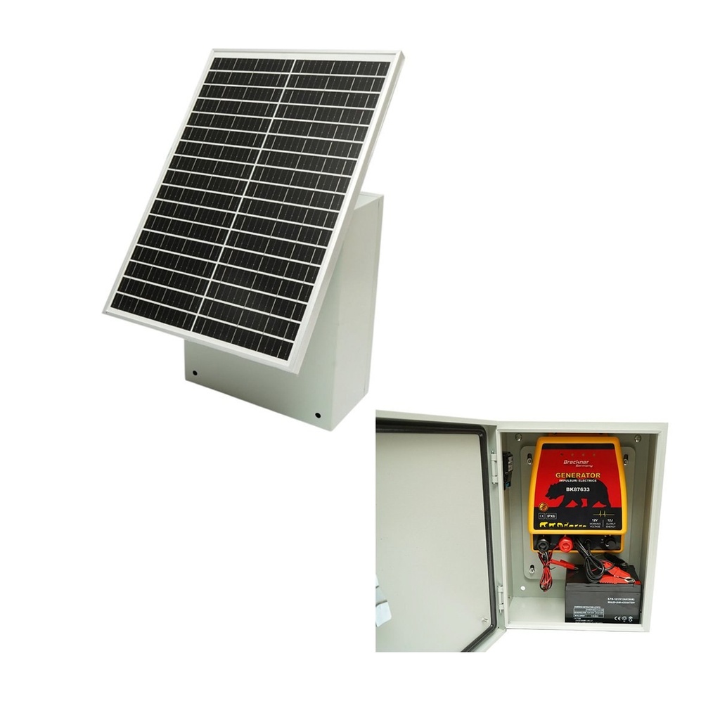 Aparat generator impulsuri 12 Joule, DC12V/220V cu panou solar 30W si baterie 12V 12Ah cutie din inox pentru gard electric