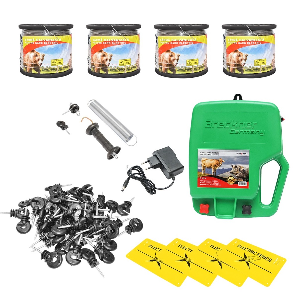Kit complet gard electric 220V 4,5 Joule, fir sarma 2000m, 100 izolatori, kit poarta, 4 placute avertizare
