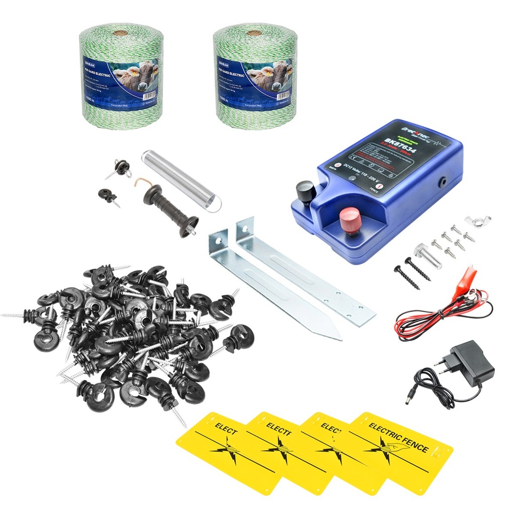 Kit complet gard electric 12/220V, 2 Joule, lungime fir 2000m, 100 izolatori, kit poarta si 4 placute avertizare