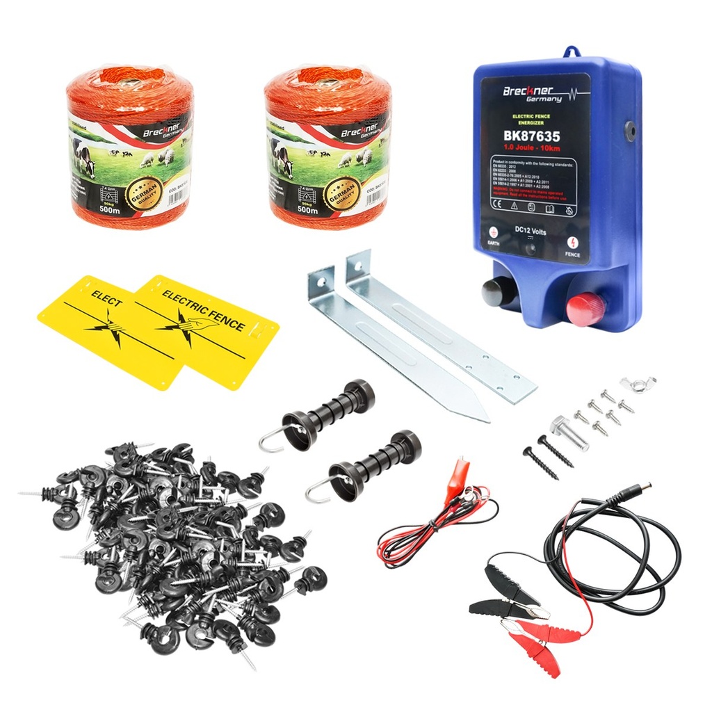 Kit complet gard electric 12V, 1 Joule, lungime fir 1000m, 200 izolatori, 2 manere poarta si 2 placute avertizare