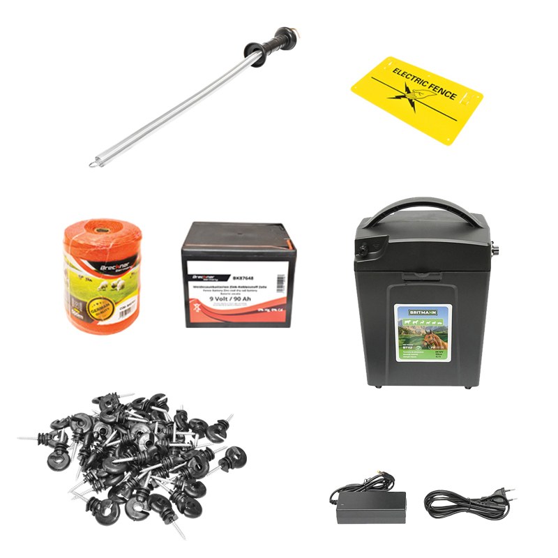 Kit complet gard electric 9/12V, 0,7 Joule, lungime fir 500m, 100 izolatori, manere poarta, placuta avertizare si baterie uscata (nereincarcabila) 9V/90Ah