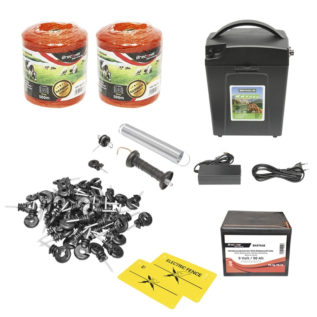 Kit complet gard electric 9/12V 0,7 Joule, lungime fir 1000m, 100 izolatori, 2 manere poarta, 2 placute de avertizare si baterie uscata (nereincarcabila) 9V/90Ah