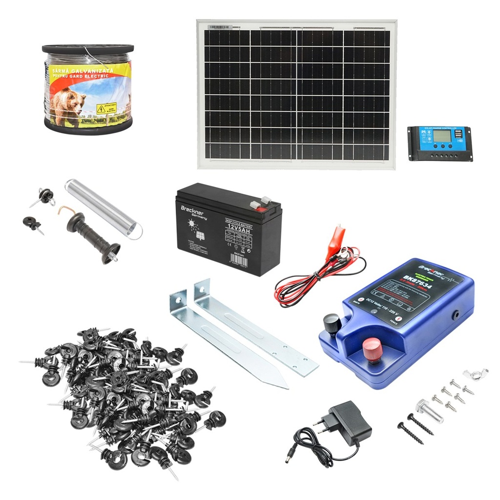 Kit complet gard electric 12/220V, 3 Joule cu panou solar 20W, lungime sarma 1000m, 100 izolatori, kit poarta si baterie 12V/17Ah