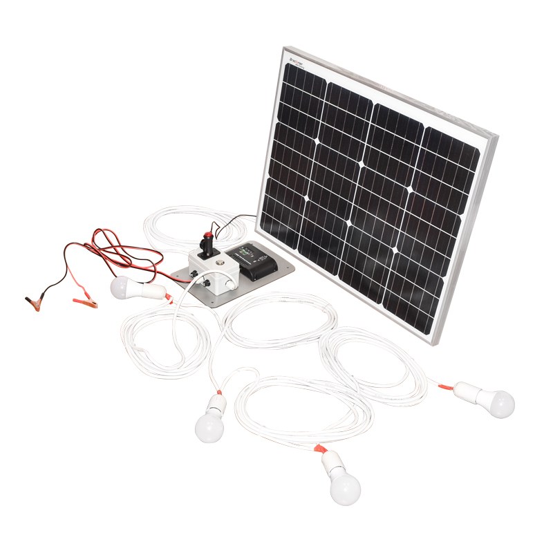 Set panou solar 50W fotovoltaic monocristalin 670x540x30mm 12-24V priza bricheta cu 4 becuri 9W