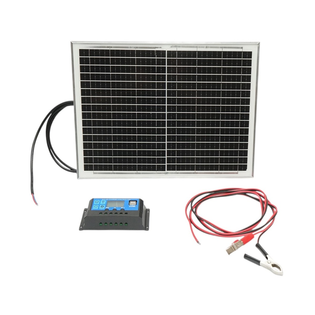 Panou solar 20W fotovoltaic monocristalin 400x300x17mm, regulator de incarcare 12/24V 10Ah, cablu 1.5/2m