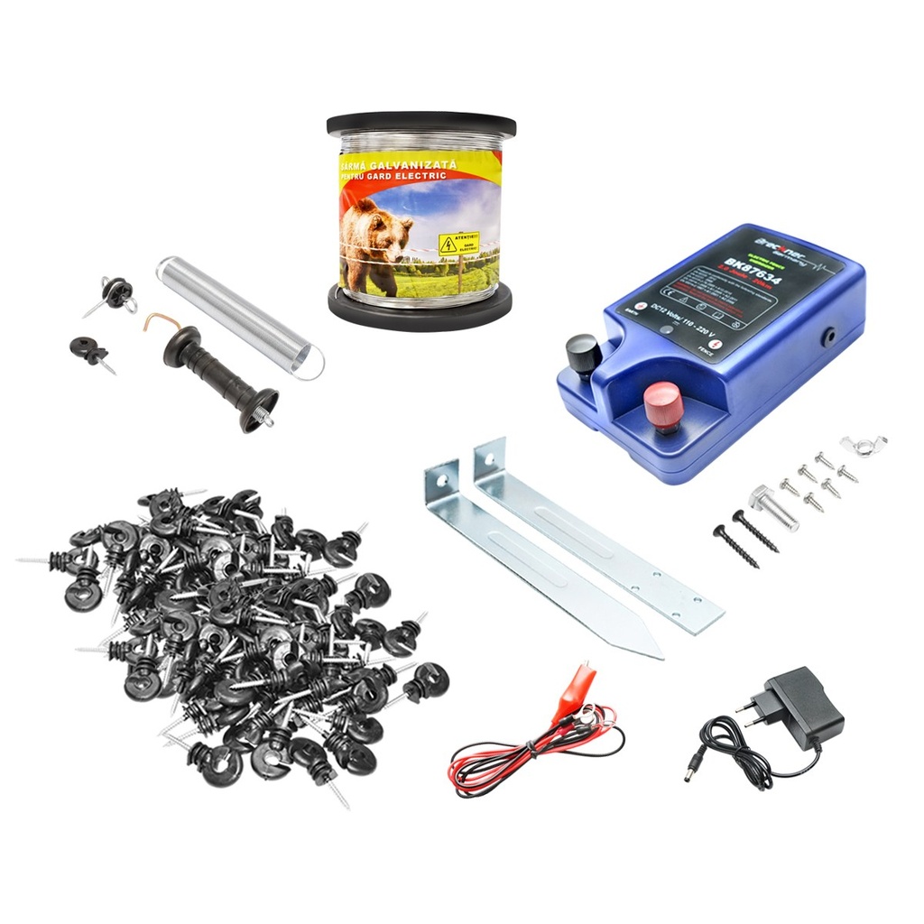 Kit complet gard electric 12V/220V, 2 Joule, lungime sarma 1000m, 100 izolatori si kit poarta