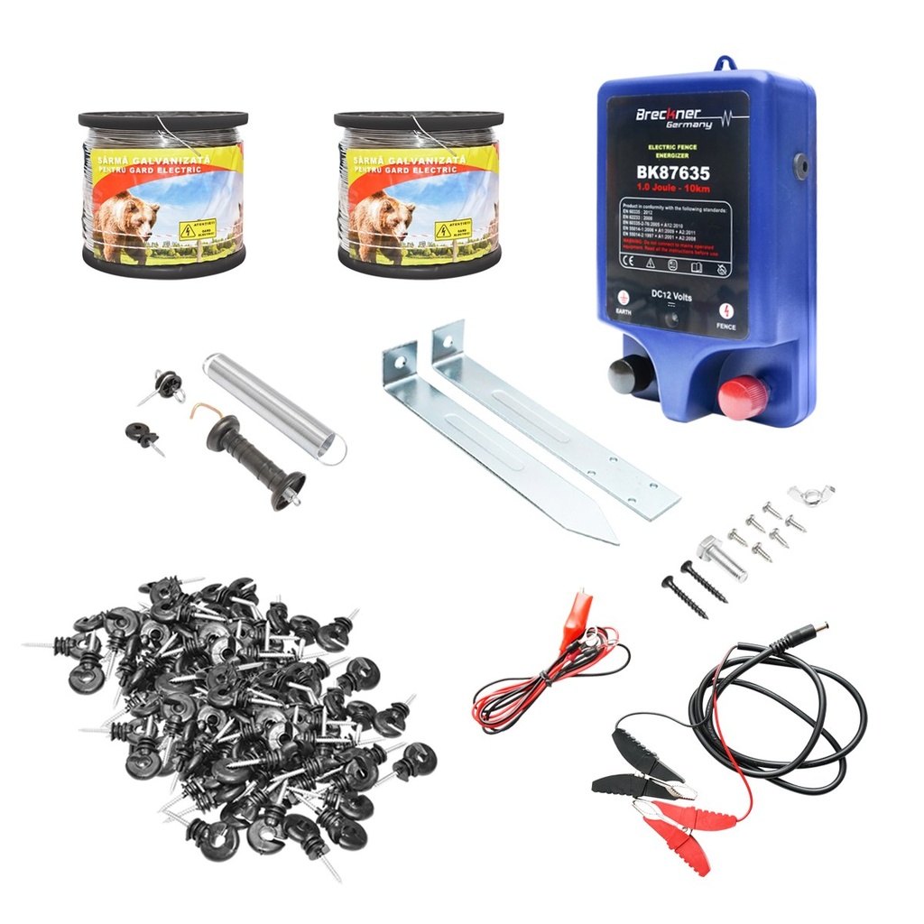 Kit complet gard electric 12V, 2 Joule, lungime sarma 1000m, 100 izolatori si kit poarta