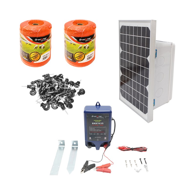 Kit complet gard electric 12V 1 Joule, lungime fir 1000m, panou solar 20W, baterie 12V/17Ah, regulator 12-24V/10Ah 2 USB-uri 100 izolatori