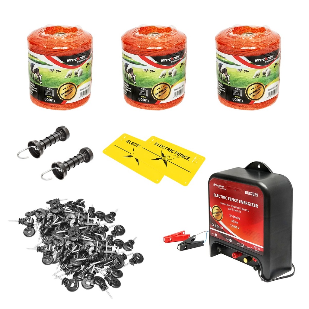 Kit complet gard electric 12V 3.5 Joule, lungime fir 1500m, 200 izolatori si placute avertizare