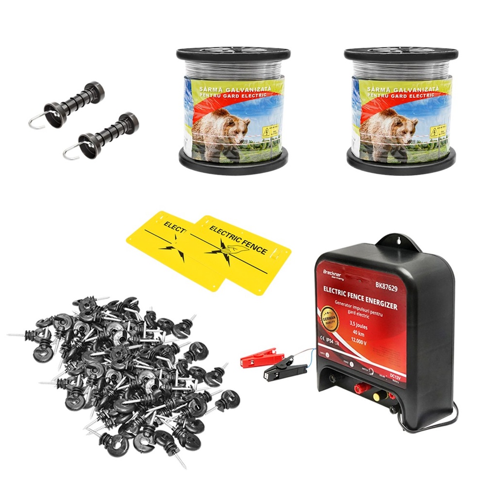Kit complet gard electric 12V. 14 Joule, lungime sarma 1000m 200 izolatori si placute avertizare
