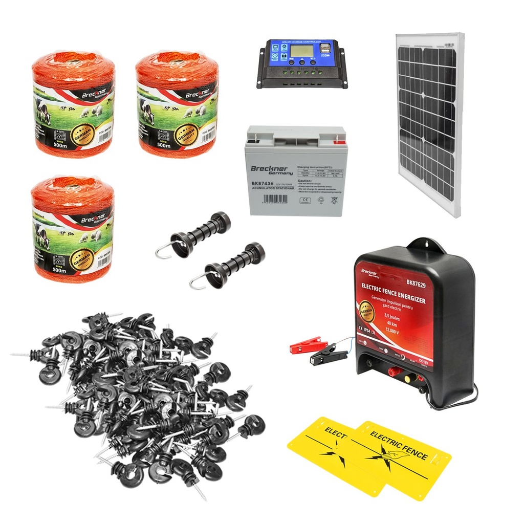Kit complet gard electric 12V 4 Joule, lungime fir 1500m, panou solar 20W, baterie 12V/17Ah, 200 izolatori si maner poarta