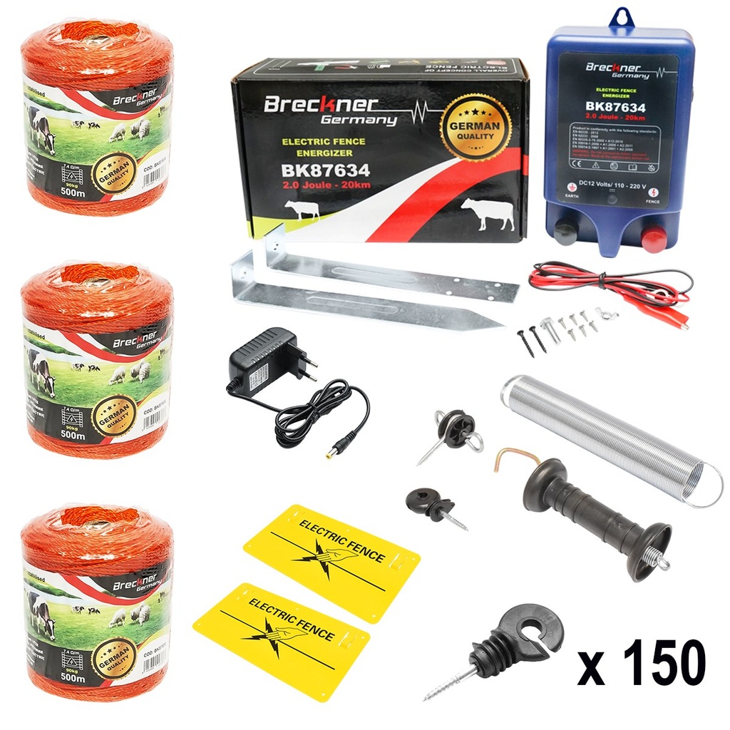 Kit complet gard electric 12/220V, 2 Joule lungime fir 1500m, 150 izolatori si placute avertizare