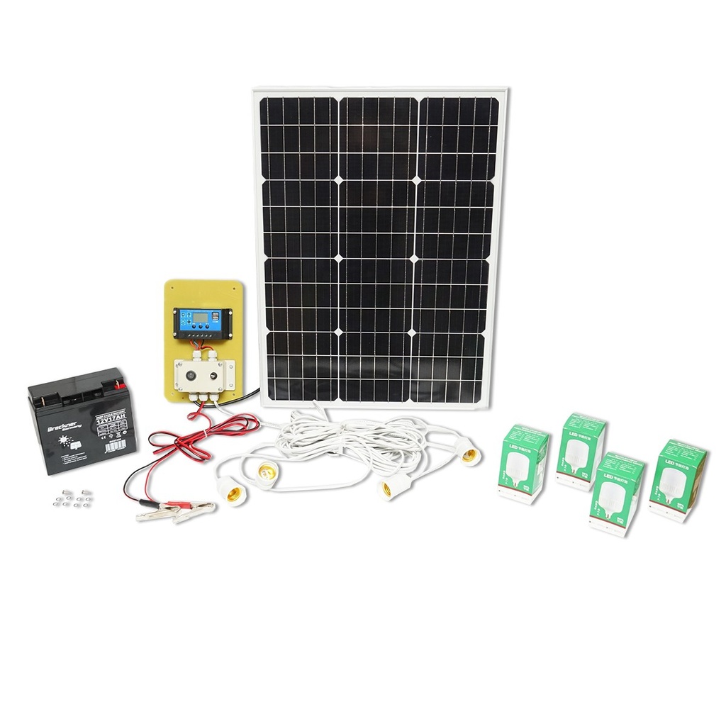 Set panou solar 50W fotovoltaic monocristalin 670x540x30mm 12-24V baterie 12/17Ah 4 becuri 9W