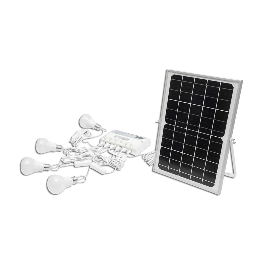 Sistem pentru iluminat cu 4 becuri LED, panou solar 9V/12W si 1xUSB incarcare telefon