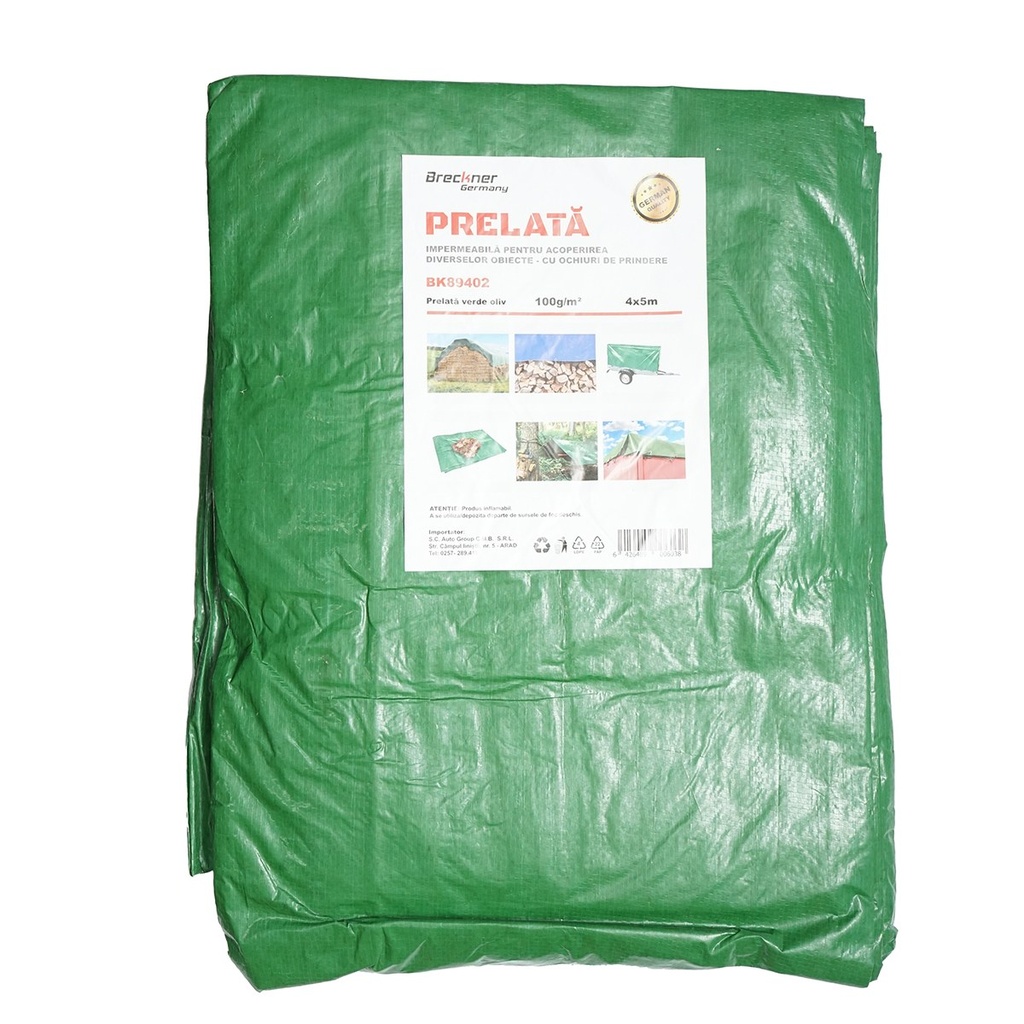 Prelata cu ochiuri de prindere 100g/m2 verde 4x5m