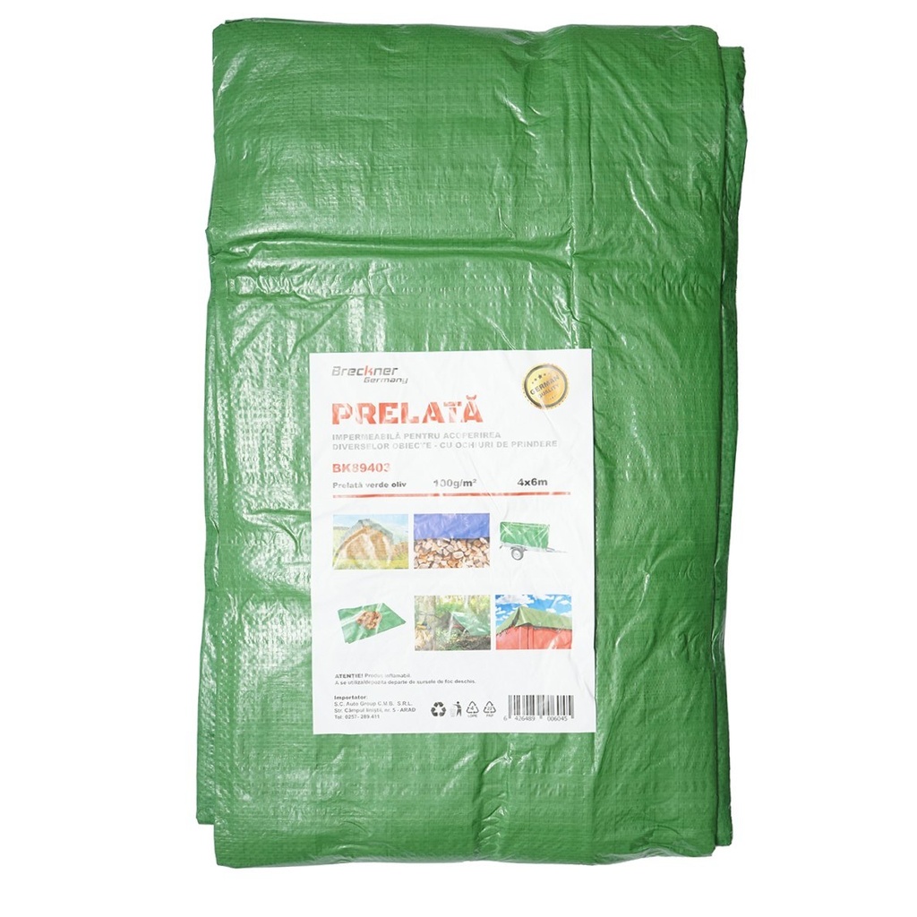 Prelata cu ochiuri de prindere 100g/m2 verde 4x6m