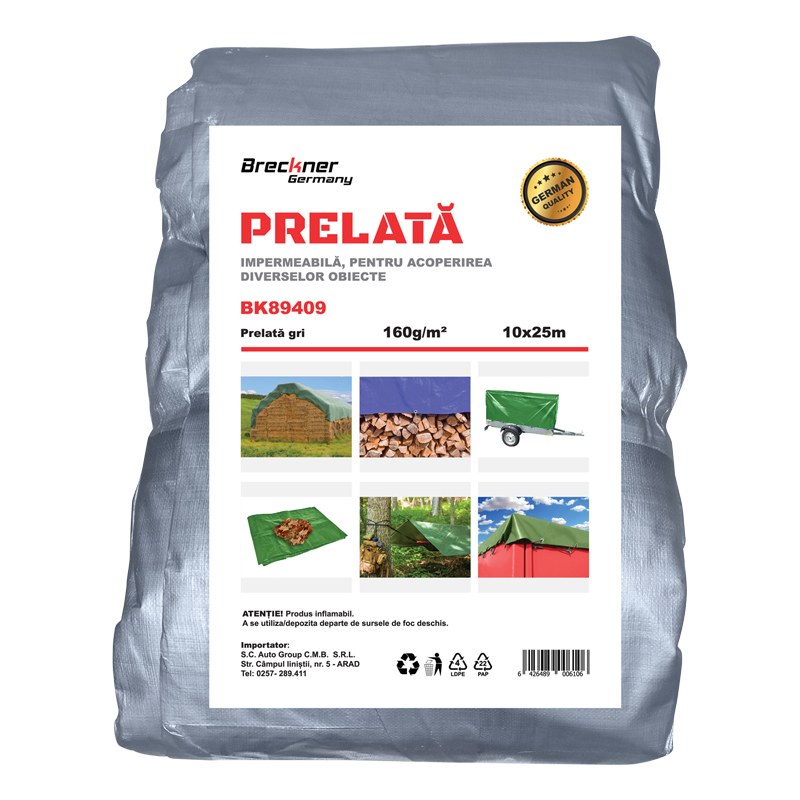 Prelata cu ochiuri de prindere 160g/m2 gri 10x25m