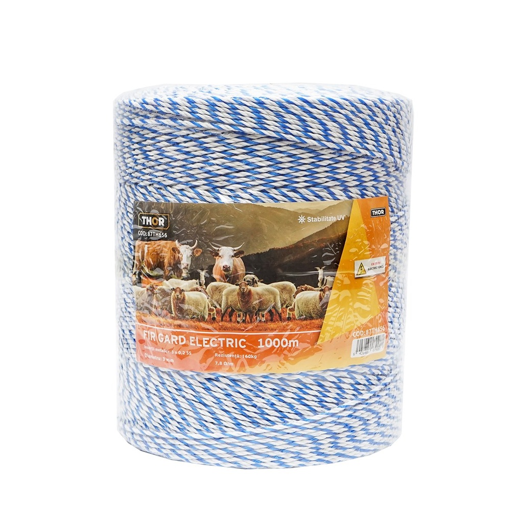 Rola fir alb-albastru fi 3mm insertie metalica 3x0.2mm SS, rezistenta 7.8 Ohm/m, 1000m gard electric Thor