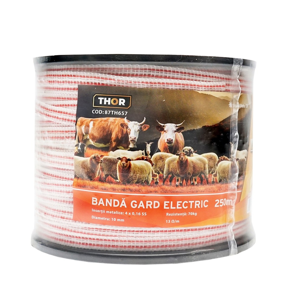Rola banda rosu-alb 10mm insertie metalica 4x0.16mm SS, rezistenta 13 Ohm/m, 250m gard electric Thor