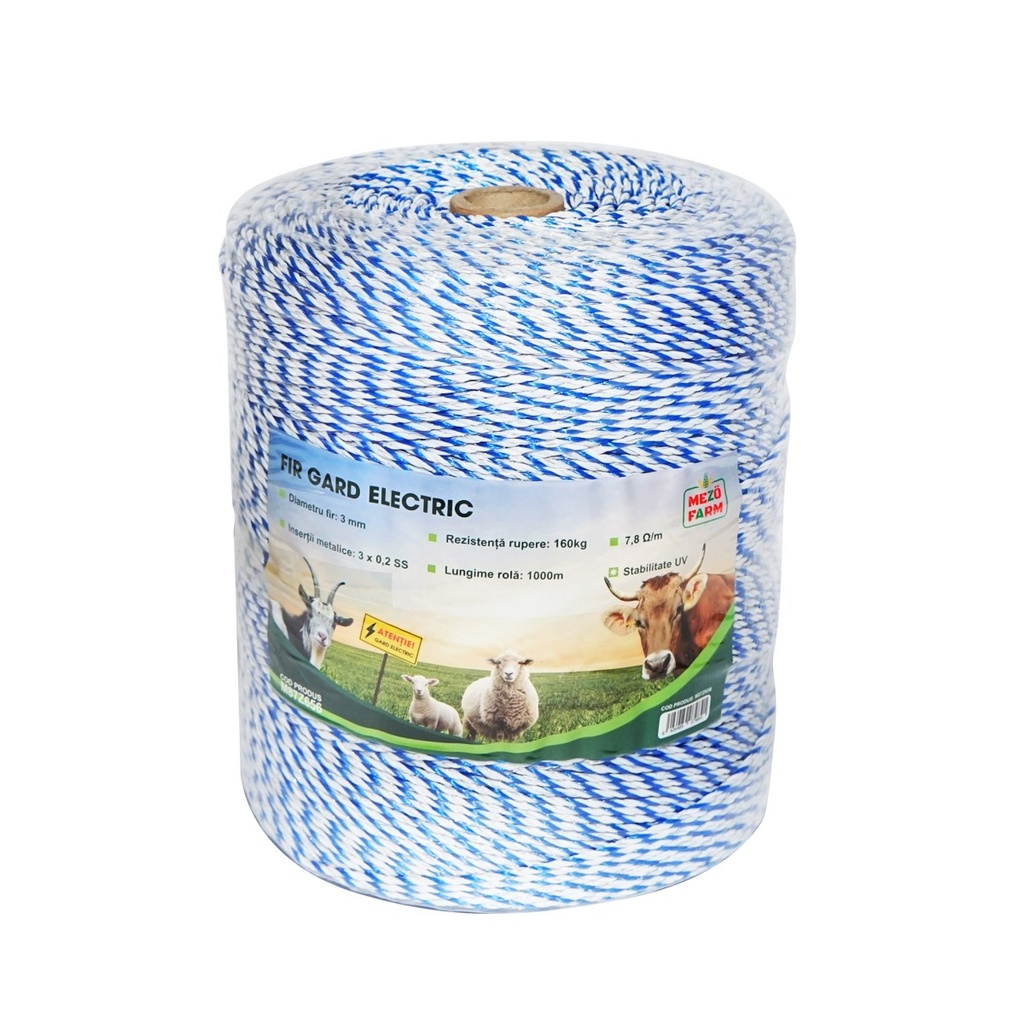 Rola fir alb-albastru 3mm insertie metalica 3x0.2mm SS, rezistenta 7.8 Ohm/m, 1000m gard electric Mezofarm