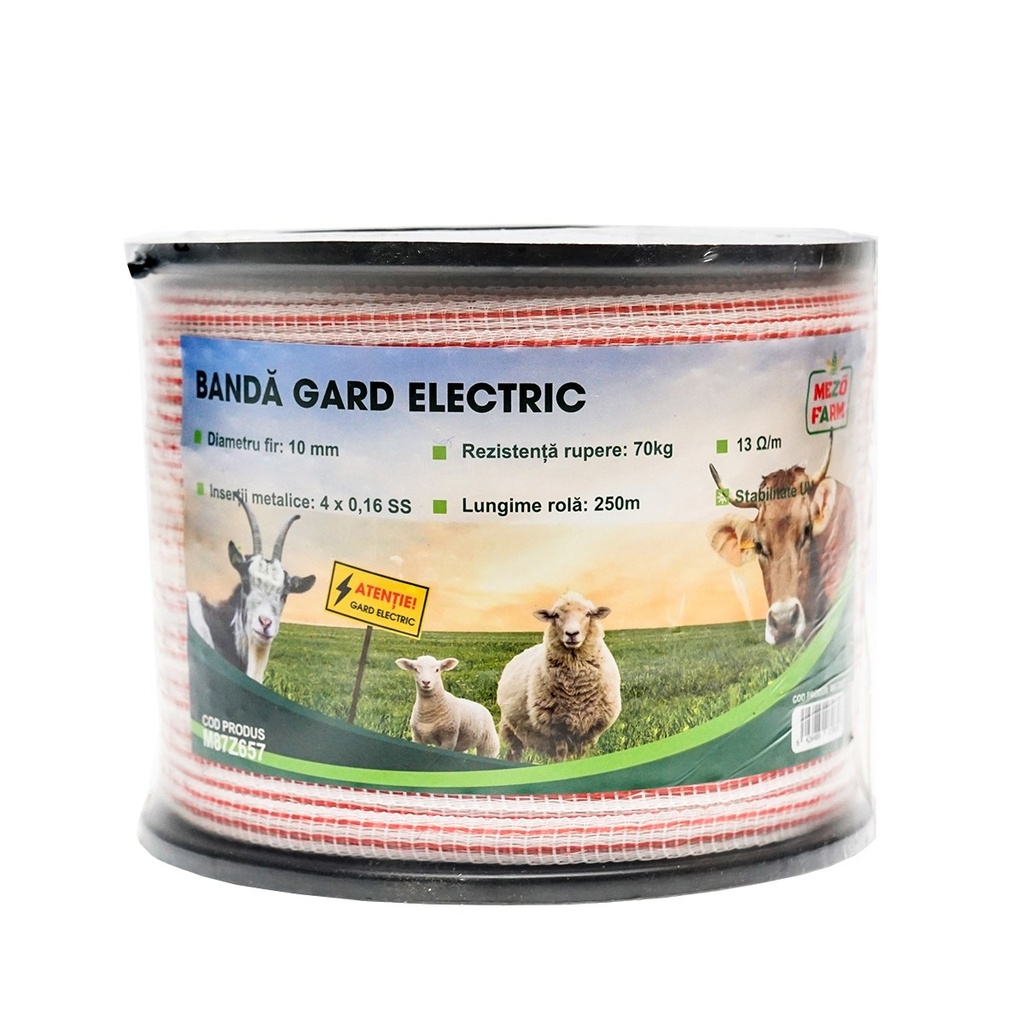 Rola banda rosu-alb 10mm insertie metalica 4x0.16mm SS, rezistenta 13 Ohm/m, 250m gard electric Mezofarm