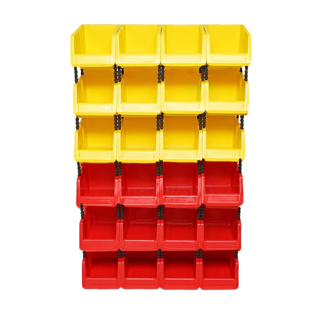 Stand cu 24 cutii pentru depozitare / organizare, cutie din plastic rosie, galbena,700x300x1150mm