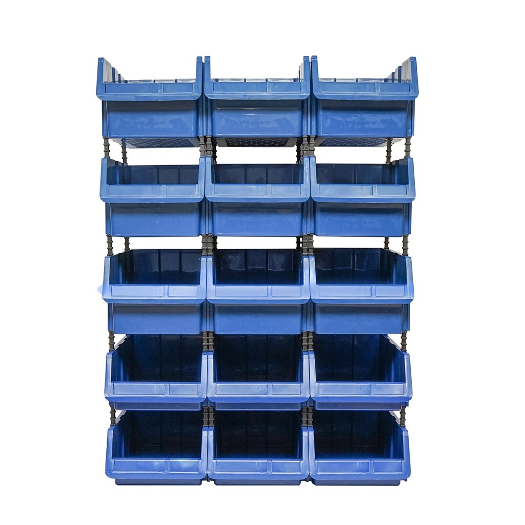 Stand cu 15 cutii pentru depozitare / organizare, cutie din plastic albastra, 765x400x1100mm