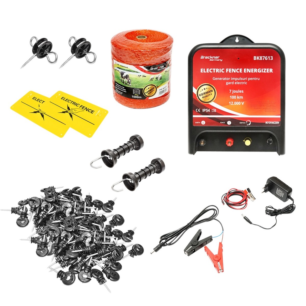 Kit complet gard electric 12/220V, 7 Joule lungime fir 1000m, 100 izolatori si placute avertizare