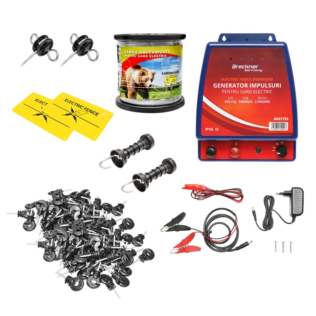Kit complet gard electric 12/220V, 4.8 Joule lungime fir 1000m, 100 izolatori si placute avertizare