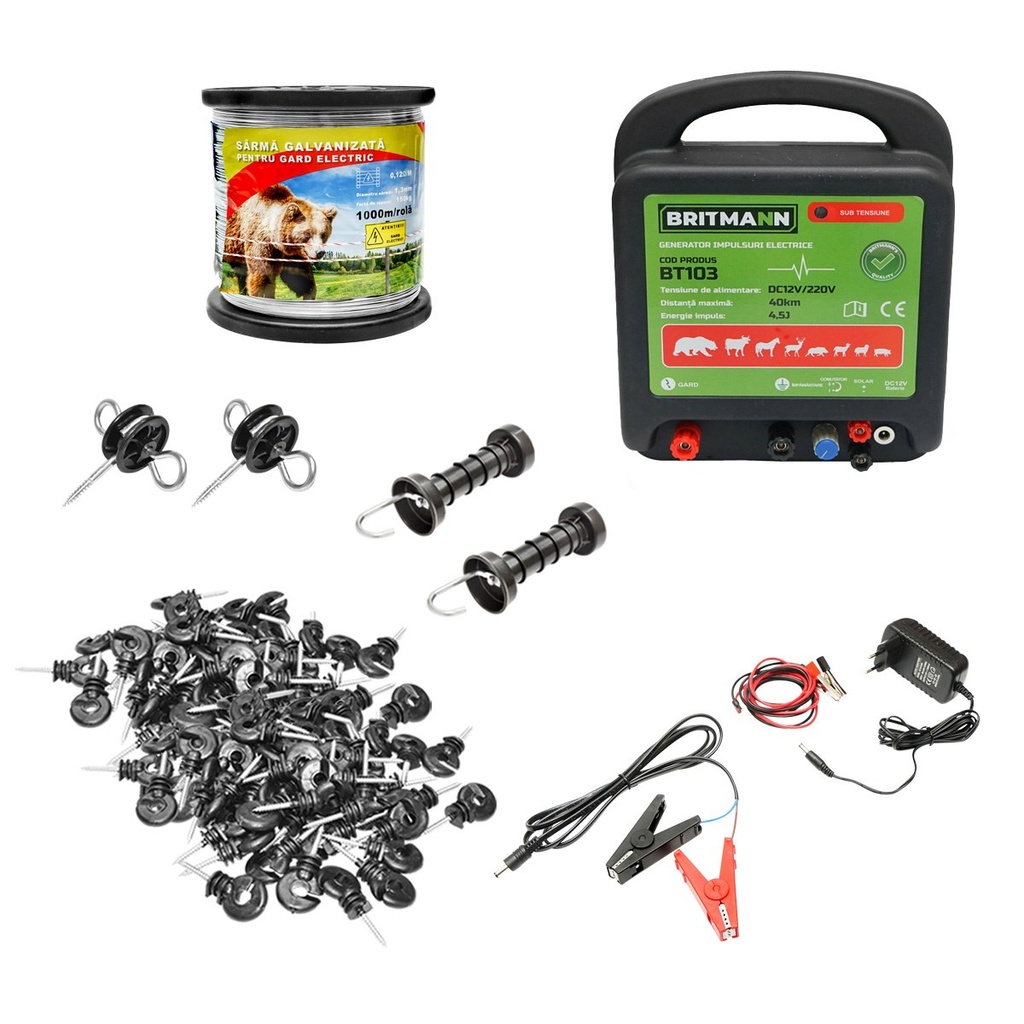 Kit complet gard electric 12/220V, 4.5 Joule lungime sarma 1000m, 100 izolatori Britmann