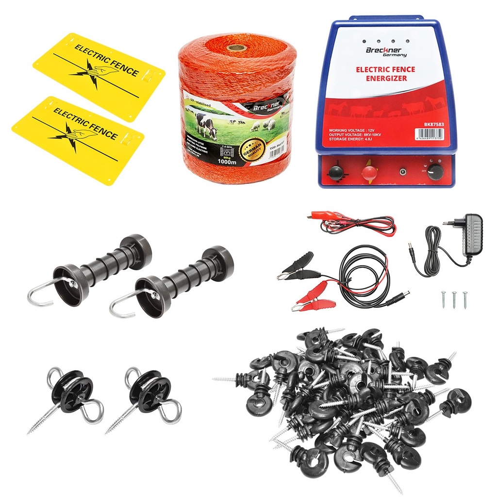 Kit complet gard electric 12/220V, 4.8 Joule lungime fir 1000m, 100 izolatori si placute avertizare