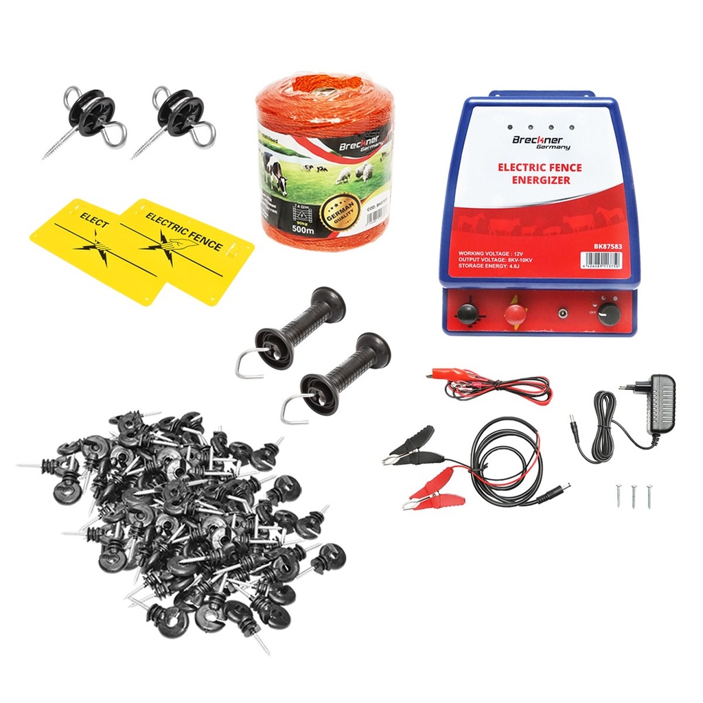 Kit complet gard electric 12/220V, 3.5 Joule lungime fir 500m, 50 izolatori si placute avertizare
