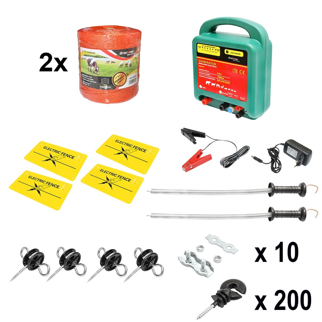 Kit complet gard electric 12/220V, 6.5 Joule lungime fir 2000m, 200 izolatori si placute avertizare